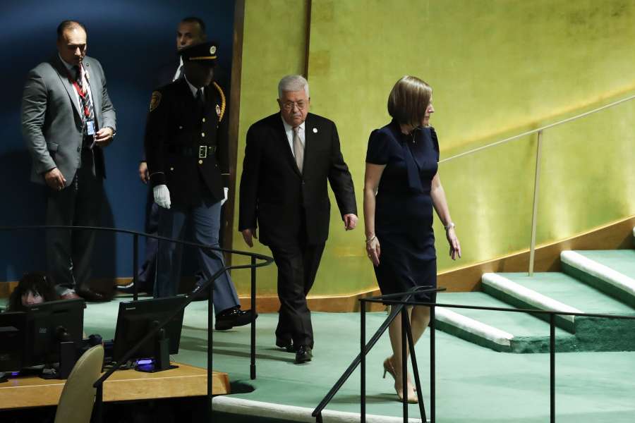 UNITED NATIONS, Sept. 26, 2019 (Xinhua) -- Palestinian President Mahmoud Abbas (2nd R) arrives to address the General Debate of the 74th session of the UN General Assembly at the UN headquarters in New York, on Sept. 26, 2019. (Xinhua/Li Muzi/IANS) by .