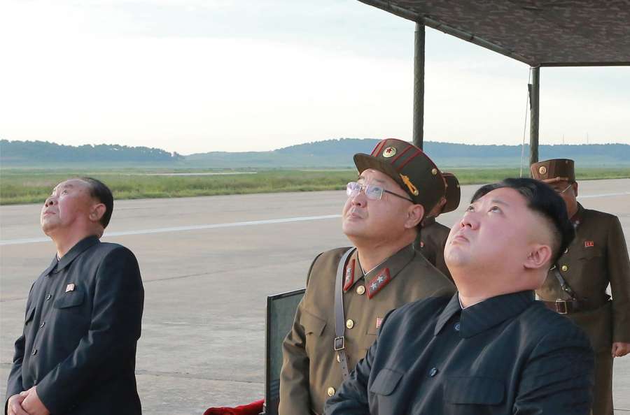 North Korea: North Korean leader Kim Jong-un (R) watches the launch of the Hwasong-12 intermediate-range ballistic missile in this photo released by the North's official Korean Central News Agency on Sept. 16, 2017. (For Use Only in the Republic of Korea. No Redistribution) (Yonhap/IANS) by .
