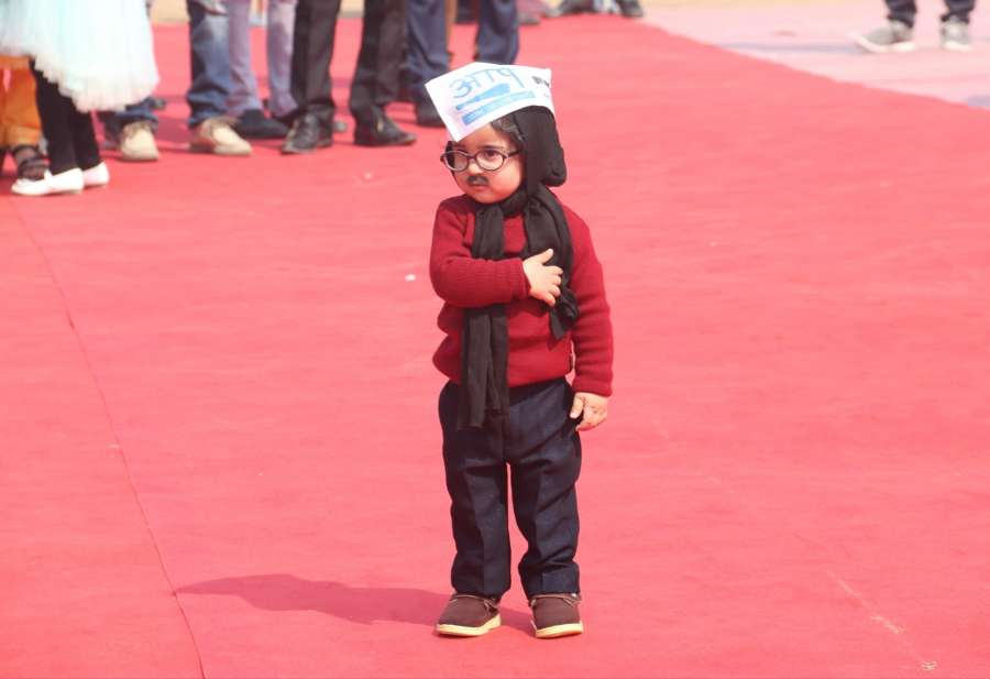 New Delhi: One-year-old baby mufflerman Avyaan Tomar at the swearing-in ceremony of AAP chief Arvind Kejriwal and his Cabinet at Ramlila Maidan on Feb 16, 2020. (Photo: IANS) by .