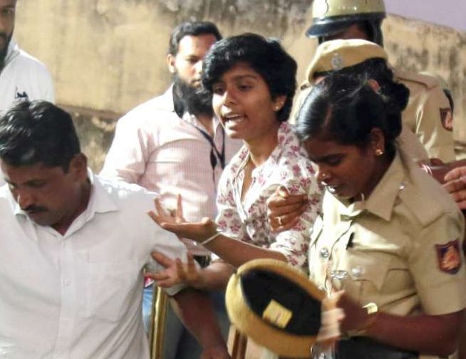 Bengaluru: Bengaluru: Karnataka police officials detain a student activist Amulya Leona, after she raised pro Pakistan slogans during a protest meeting against CAA, NRC and NPR organised by Hindu Muslim Sikh Isaai Federation, at Freedom Park in Bengaluru on Feb 20, 2020. (Photo: IANS) by .