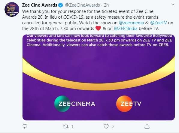 Zee Cine Awards 2020 will now only be shot as a televised show and it has been cancelled for the general public to avoid mass gatherings following the coronavirus outbreak. by .