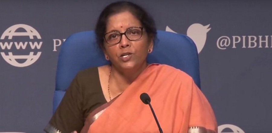 New Delhi: Union Finance ad Corporate Affairs Minister Nirmala Sitharaman addresses a press conference in New Delhi, on March 26, 2020. (Photo: IANS) by .