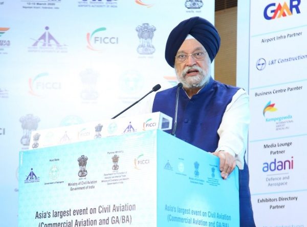 Hyderabad: Union MoS Housing & Urban Affairs, Civil Aviation (Independent Charge) and Commerce & Industry Hardeep Singh Puri addresses at the Wings India 2020 at Begumpet Airport in Hyderabad on March 14, 2020. (Photo: IANS/PIB) by .
