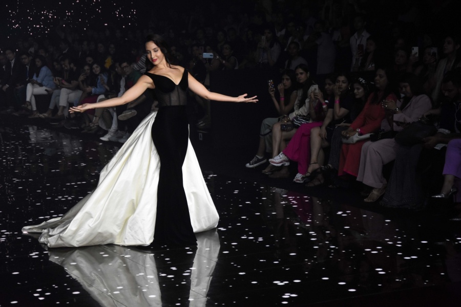 Mumbai: Actress Nora Fatehi showcases the creation of Fashion designer Gaurangi & Nainika at the Lakme Fashion Week Summer/Resort 2020, in Mumbai on Feb 14, 2020. (Photo: IANS) by .