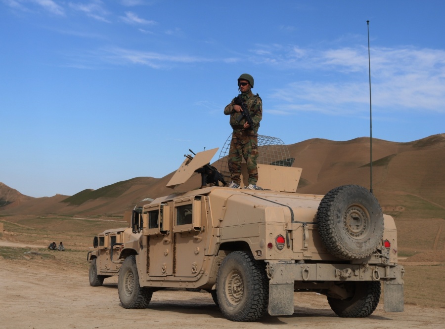 SARI PUL, Feb. 17, 2019 (Xinhua) -- An Afghan security force member stands on a military vehicle during a military operation in Sayad district of Sari Pul province, Afghanistan, Feb. 16, 2019. Afghan government forces have killed 20 militants and overrun a main base of the Taliban outfit in Sayad district of Afghanistan's northern Sari Pul province following fierce fighting, provincial police chief Abdul Karim Baqizoi said Sunday. (Xinhua/Mohammad Jan Aria/IANS) by .