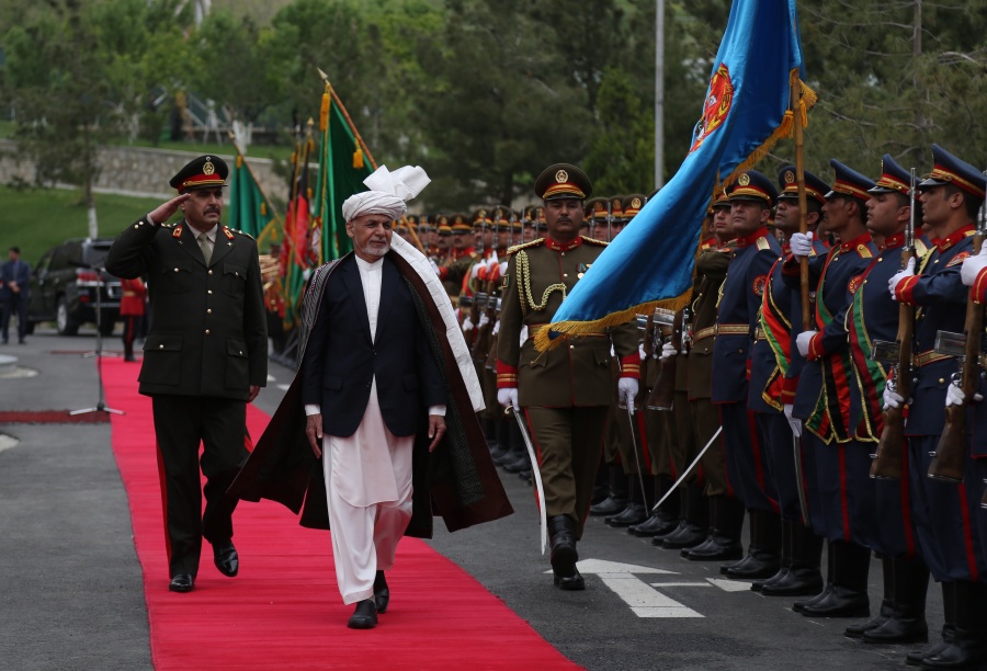 KABUL, April 29, 2019 (Xinhua) -- Afghan President Mohammad Ashraf Ghani inspects an honor guard during the first day of the Loya Jirga in Kabul, Afghanistan, April 29, 2019. Ghani stressed achieving viable peace in his militancy-battered country through dialogue in the much-awaited consultative Loya Jirga or traditional grand assembly of elders and chieftains inaugurated here on Monday. (Xinhua/Pool/Rahmat Gul/IANS) by .