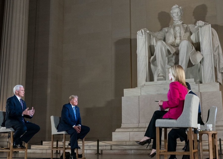 United States Vice President Mike Pence, left, with President Donald Trump at a televised town hall meeting held on Sunday, May 3, 2020, at the Lincoln Memorial in Washington. (Photo: White House/IANS). by .