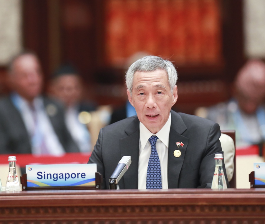 BEIJING, April 27, 2019 (Xinhua) -- Singaporean Prime Minister Lee Hsien Loong speaks at the leaders' roundtable meeting of the Second Belt and Road Forum for International Cooperation at the Yanqi Lake International Convention Center in Beijing, capital of China, April 27, 2019. (Xinhua/Pang Xinglei/IANS) by .