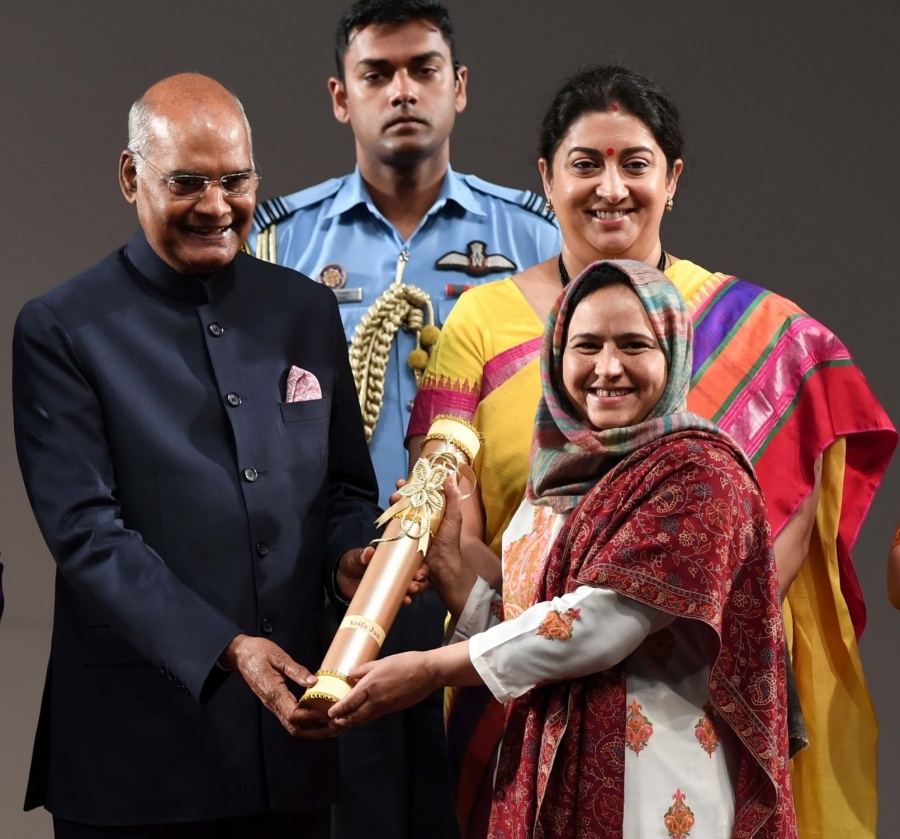 New Delhi: President Ram Nath Kovind and Union Women and Child Development Minister Smriti Irani present the Nari Shakti Award to Arifa Jan at the Rashtrapati Bhavan in New Delhi on March 8, 2020. Braving all the odds, Arifa Jan from Kashmir has taken up the daunting task to revive the Numdha handicraft. She has employed more than 25 Kashmiri artisans and trained more than 100 women. (Photo: IANS/RB) by .