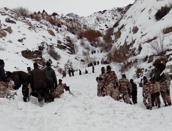 Kinnaur: A snow avalanche killed a soldier while five other soldiers went missing near the Tibet border in Himachal Pradesh's Kinnaur district on Feb 20, 2019. Five Indo-Tibetan Border Force (ITBP) troopers were also injured in the disaster that occurred at around 11 a.m. The avalanche was triggered when the glacier near Namgia Dogri bordering Tibet slid, burying six soldiers of the Jammu and Kashmir Rifles when 16 soldiers were on routine patrol. (Photo: IANS) by .