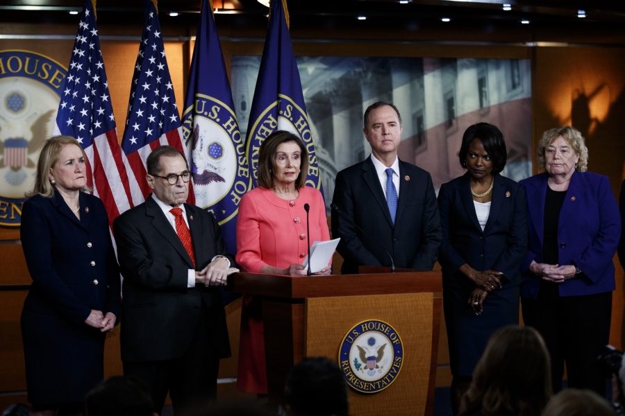 WASHINGTON, Jan. 15, 2020 (Xinhua) -- U.S. House Speaker Nancy Pelosi (3rd L) speaks during a press conference in Washington D.C., the United States, on Jan. 15, 2020. The U.S. House of Representatives officially sent impeachment articles against President Donald Trump to the Senate on Wednesday evening to allow a trial to get underway. (Photo by Ting Shen/Xinhua/IANS) by .