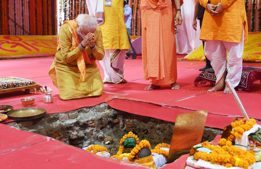 Ayodhya: Prime Minister Narendra Modi performs "bhumi pujan" at the Ram Janmabhoomi site in Ayodhya on Aug 5, 2020. (Photo: IANS) by .