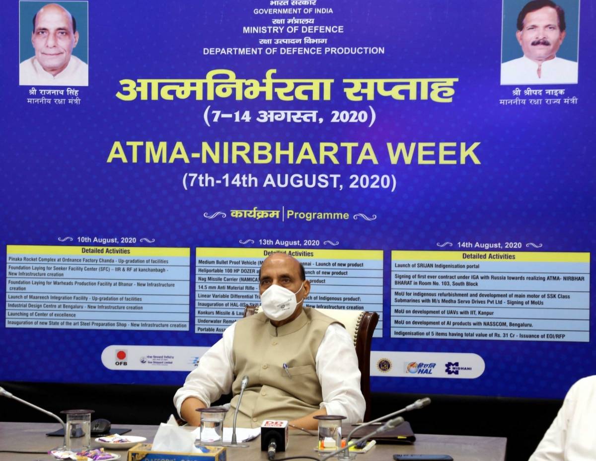 New Delhi: Defence Minister Rajnath Singh launches the modernisation/up-gradation of facilities and new infrastructure creation of Defence Public Sector Undertakings & Ordnance Factory Board as part of âAtmanirbharta Weekâ celebrations, in New Delhi on Aug 10, 2020. (Photo: IANS/PIB) by .